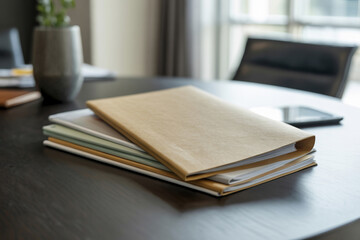 Folders with papers are lying on the table in the office.