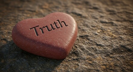 Close-up of heart-shaped stone with the word "Truth" on a textured rock surface