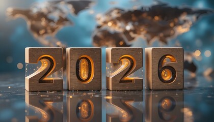 “Wooden Cubes Displaying 2026 on Reflective Surface with World Map Background – Global Future Concept (Generative AI)” 2026 world