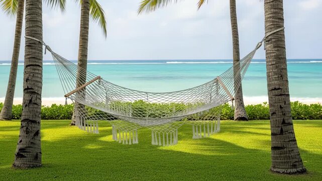 Hammock between palm trees by turquoise ocean water on sunny day