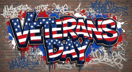 Veterans Day Graffiti Art on Brick Wall patriotic american flag stars and stripes red white and blue mural street urban celebration
