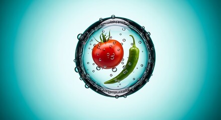 Fresh tomato and green chili suspended in water droplet