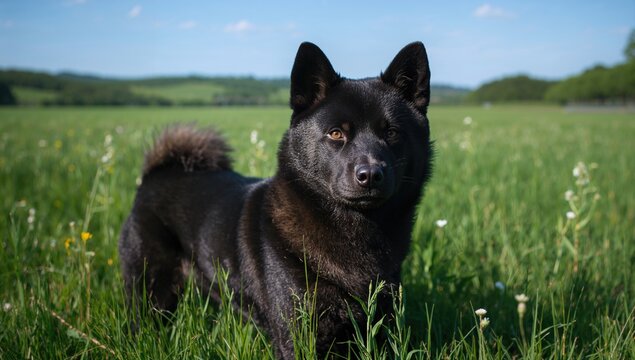Japanese breed Inu dog in a green meadow, playful nature scene