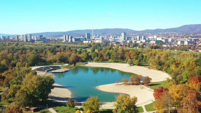 Panoramic view of Bundek lake in the city of Zagreb in autumn, Croatia 