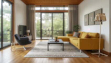 Fototapeta premium Blurred view of a modern living room with a mustard yellow sofa and large windows, promoting natural light and relaxation