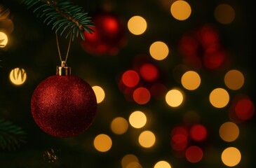 Fototapeta premium Red christmas bauble with bokeh lights background.