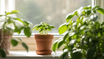 Naklejka premium Home gardening, basil seedlings in a flower pot on a windowsill, beneficial for indoor air quality