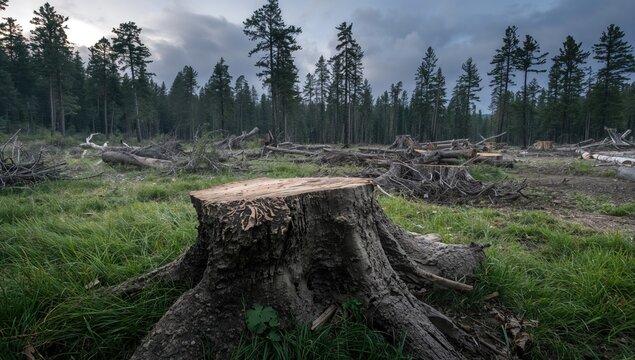 Fallen pine trees with a large stump in the foreground, showing deforestation impact