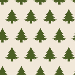 Fototapeta premium Minimal seamless pattern with green pine trees on beige background. Simple vector design for winter, Christmas, and nature projects.