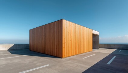 Fototapeta premium Aerial view of a structure featuring wooden and cement elements, urban density
