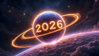 “Earth and Satellite Welcoming 2026 – Futuristic Space Celebration Concept (Generative AI)”  2026 world
