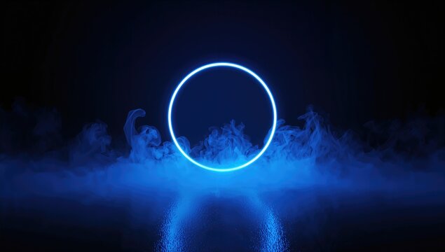Gloomy dark background, neon circle illuminated by smoke on the floor, enhancing visual depth