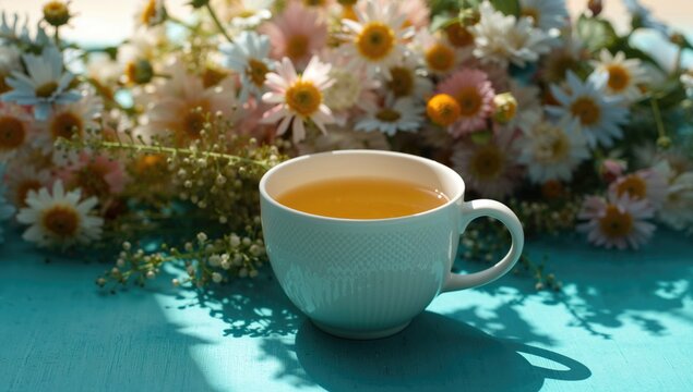 A cup of chamomile tea accompanied by a fresh flower bouquet on a teal blue background, promoting relaxation - Powered by Adobe