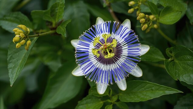 Passiflora caerulea with distinctive fringe of coronal filaments, beneficial for pollinators
