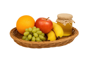 Basket of fresh healthy fruits and honey transparent background