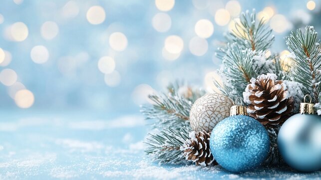 christmas background with blue and silver decorations, pine cones, snowflakes, bokeh lights on a light blue background, christmas card or banner template for the holiday season design, copy space