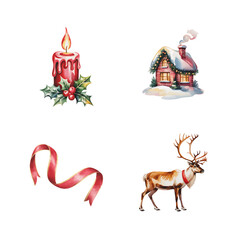 Fototapeta premium Collection of four festive watercolor christmas elements including a candle snowy house ribbon and reindeer isolated on transparent background