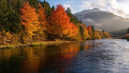 Fototapeta premium Autumn leaves mirrored in water, seasonal change