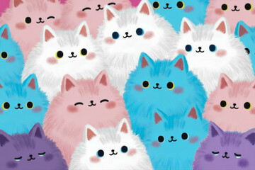 A repeating background with adorable smiling cartoon cats. The fluffy animals are colored pink, blue, purple, and white in a kawaii style.