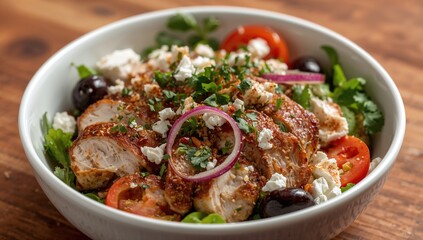 Fototapeta premium Greek salad featuring grilled chicken and herbed vinaigrette, protein-rich meal