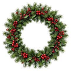 Traditional Christmas Wreath with Green Pine Branches and Red Berries Isolated on White Background for Holiday Greeting and Decoration