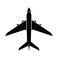Black silhouette of an airplane viewed from above on white background