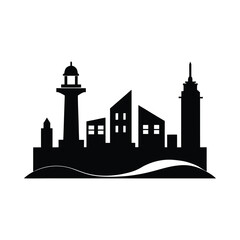 Black Silhouette of City Skyline with Lighthouse urban