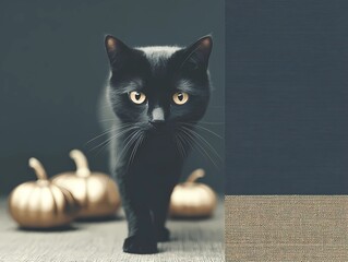 funny black cat in Halloween decor room. Happy Halloween party concept