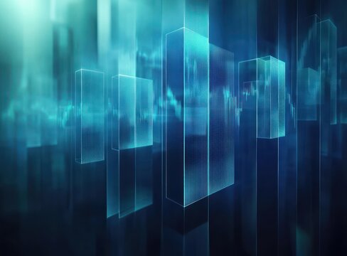 Abstract digital blue holographic rectangular panels displaying data and stock market graphs in a futuristic tech environment