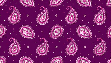 Pattern of paisley designs on a dark purple background, filled with pink and white dots and shapes