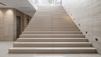 Wide staircase adorned with ceramic tiles illuminated by indoor light, enhancing modern architecture and interior design