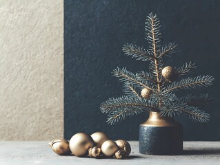 still life Christmas tree background with gold blurred light