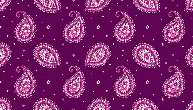 Pattern of paisley designs on a dark purple background, filled with pink and white dots and shapes