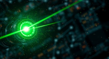 Obraz premium Close-up of green laser emitting from a high-tech circular component with a circuit board background