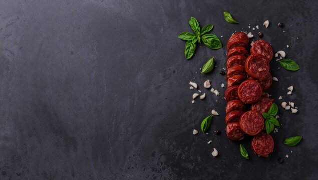 Smoked sausage served with garlic slices and fresh basil on a dark surface. Overhead shot with space for text.