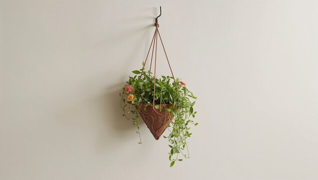 Hanging triangular planter with greenery against a wall, enhancing indoor aesthetics