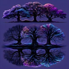 Abstract bonsai tree illustration with glowing blue and violet gradients, fine flowing line art, surreal fantasy lighting, isolated on black background, artistic futuristic aesthetic, 8K high detail.