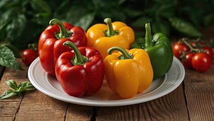 Vibrant assortment of large bell peppers on a plate, fiber-dense choice