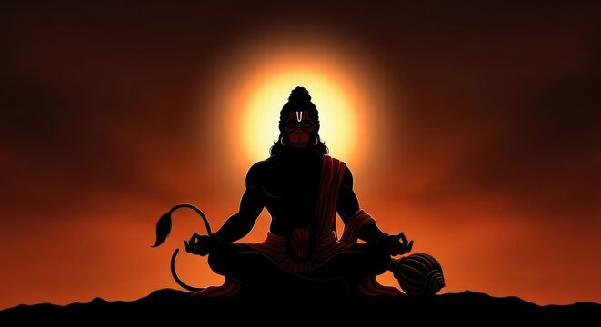 Silhouette of lord hanuman meditating against a glowing sun background