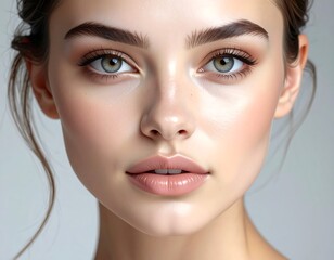 Close-up portrait of a young woman with smooth skin, highlighted features, and piercing eyes