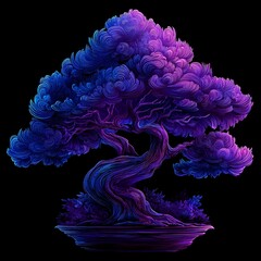 Vibrant neon bonsai tree digital artwork in glowing purple and blue hues, intricate swirling line texture, isolated on a black background, futuristic art illustration, 8K ultra detail.