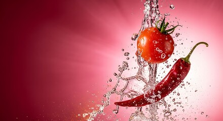 Fresh tomato and chili pepper washed under flowing water