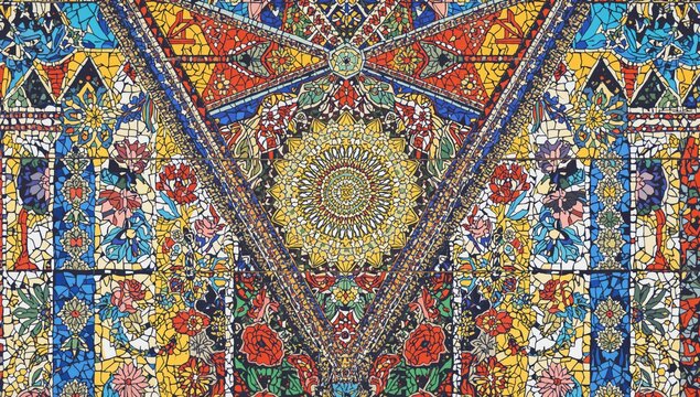 Colorful mosaic design featuring lines, triangles, and squares, suitable for a decorative backdrop, holiday theme