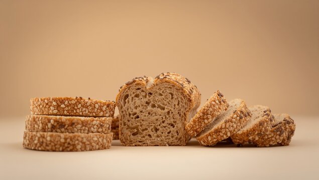 Close-up image of a seeded wheat bread loaf with cut slices, fiber-rich choice