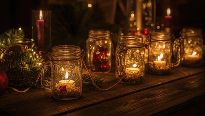 Vintage decorative mason jars with candle light on wooden table, ideal for creating a warm ambiance