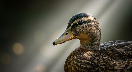 Close-up profile of a duck with detailed feathers, eye, and beak, with light rays