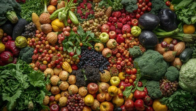 Vast assortment of fresh, raw fruits, vegetables, and berries, beneficial nutrient-rich selection