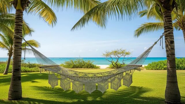 Hammock between palm trees overlooking ocean view - Powered by Adobe