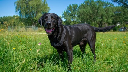 Purebred black Labrador retriever enjoying a sunny summer day outside