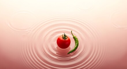Red tomato and green chili pepper floating on rippling pink water
